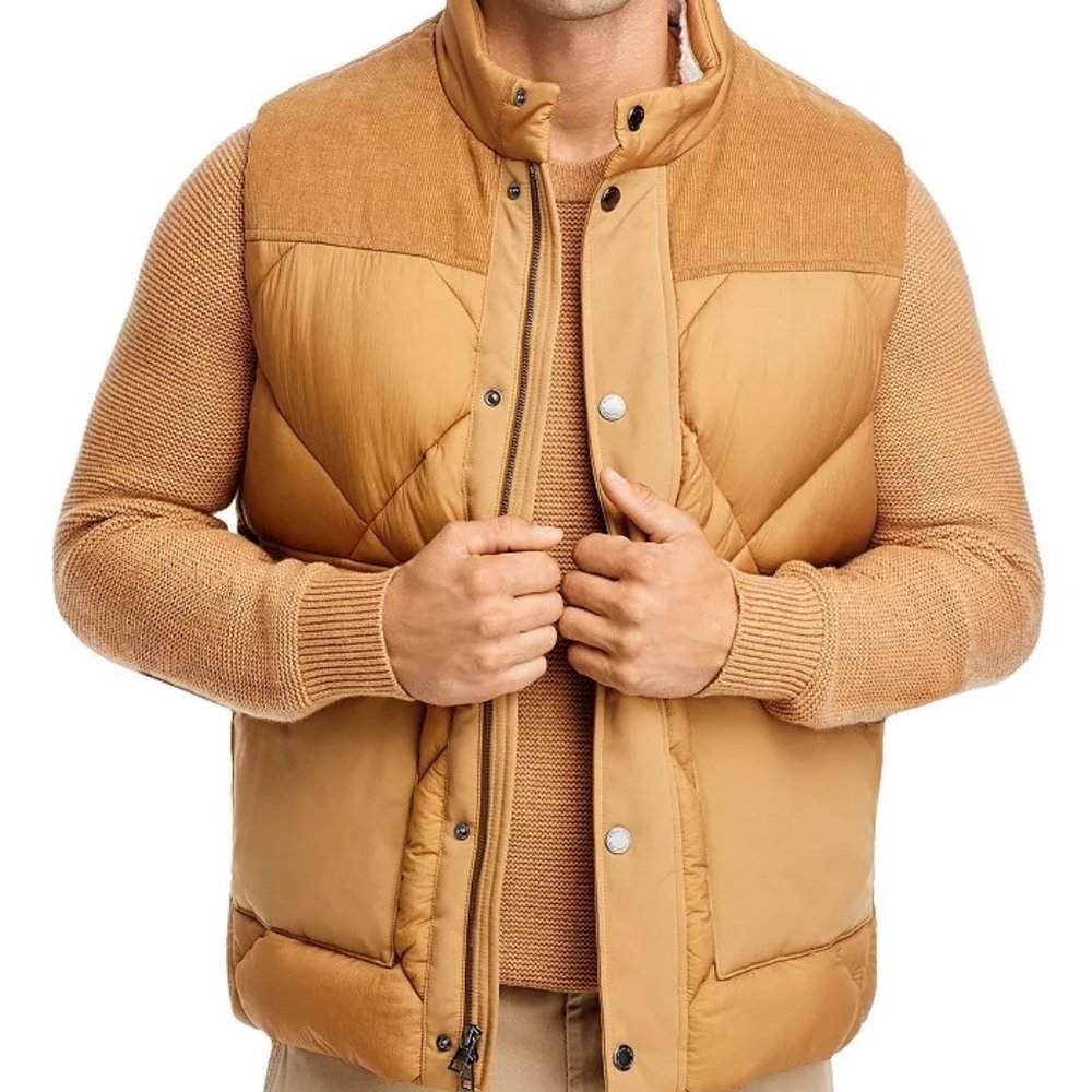 Michael Kors - Water Resistant Quilted Mixed Media Vest in Dark Camel